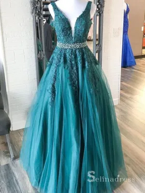 A-line V neck Applique Long Prom Dresses Cheap Evening Dress CBD573