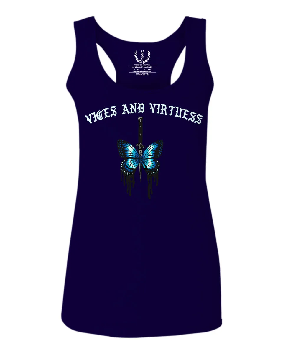 Aesthetics Summer Cool Print cute blue Butterfly knife tattoo Graphic  women's Tank Top sleeveless Racerback