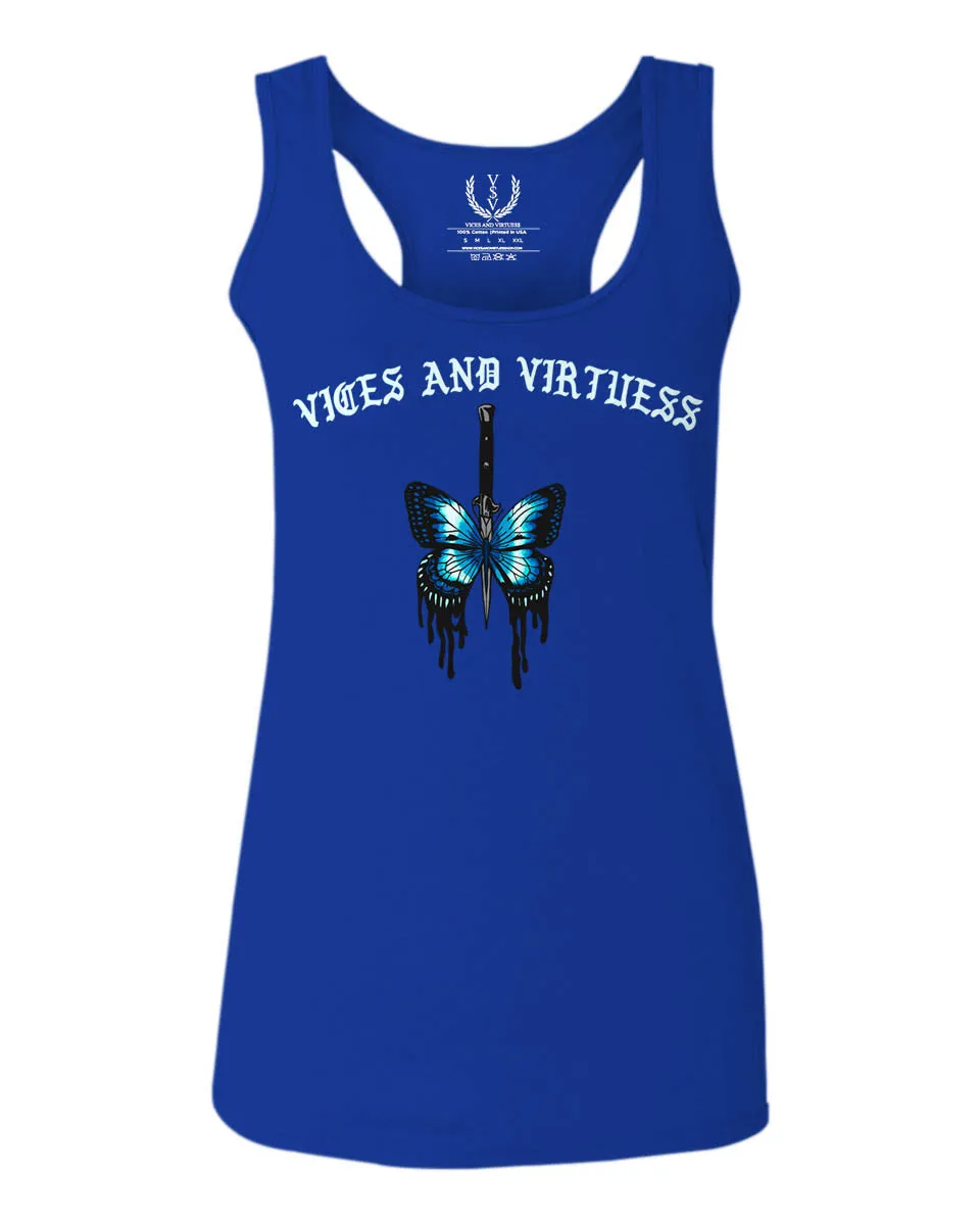 Aesthetics Summer Cool Print cute blue Butterfly knife tattoo Graphic  women's Tank Top sleeveless Racerback