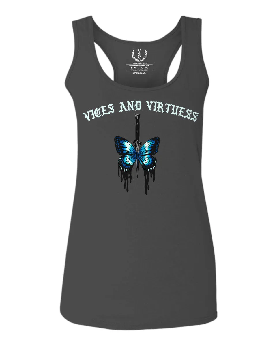 Aesthetics Summer Cool Print cute blue Butterfly knife tattoo Graphic  women's Tank Top sleeveless Racerback
