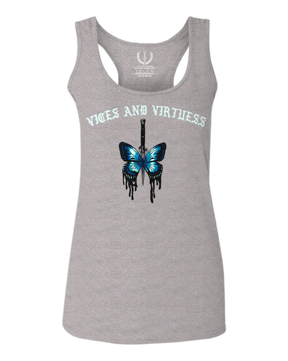 Aesthetics Summer Cool Print cute blue Butterfly knife tattoo Graphic  women's Tank Top sleeveless Racerback