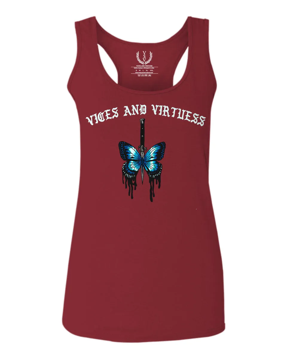 Aesthetics Summer Cool Print cute blue Butterfly knife tattoo Graphic  women's Tank Top sleeveless Racerback
