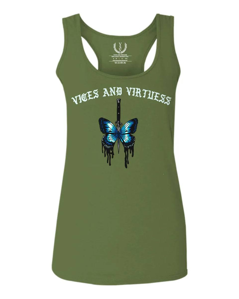 Aesthetics Summer Cool Print cute blue Butterfly knife tattoo Graphic  women's Tank Top sleeveless Racerback