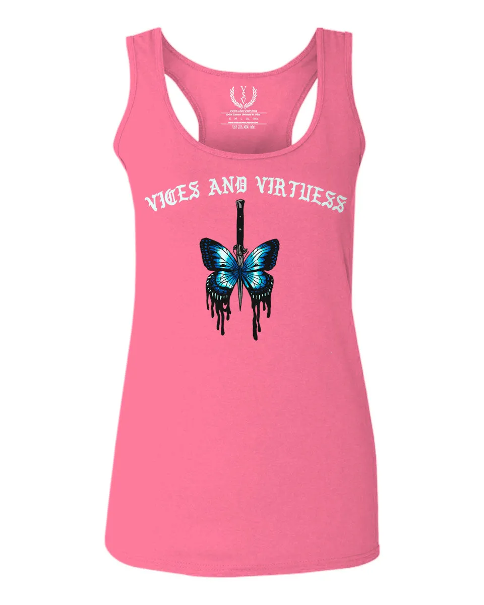 Aesthetics Summer Cool Print cute blue Butterfly knife tattoo Graphic  women's Tank Top sleeveless Racerback