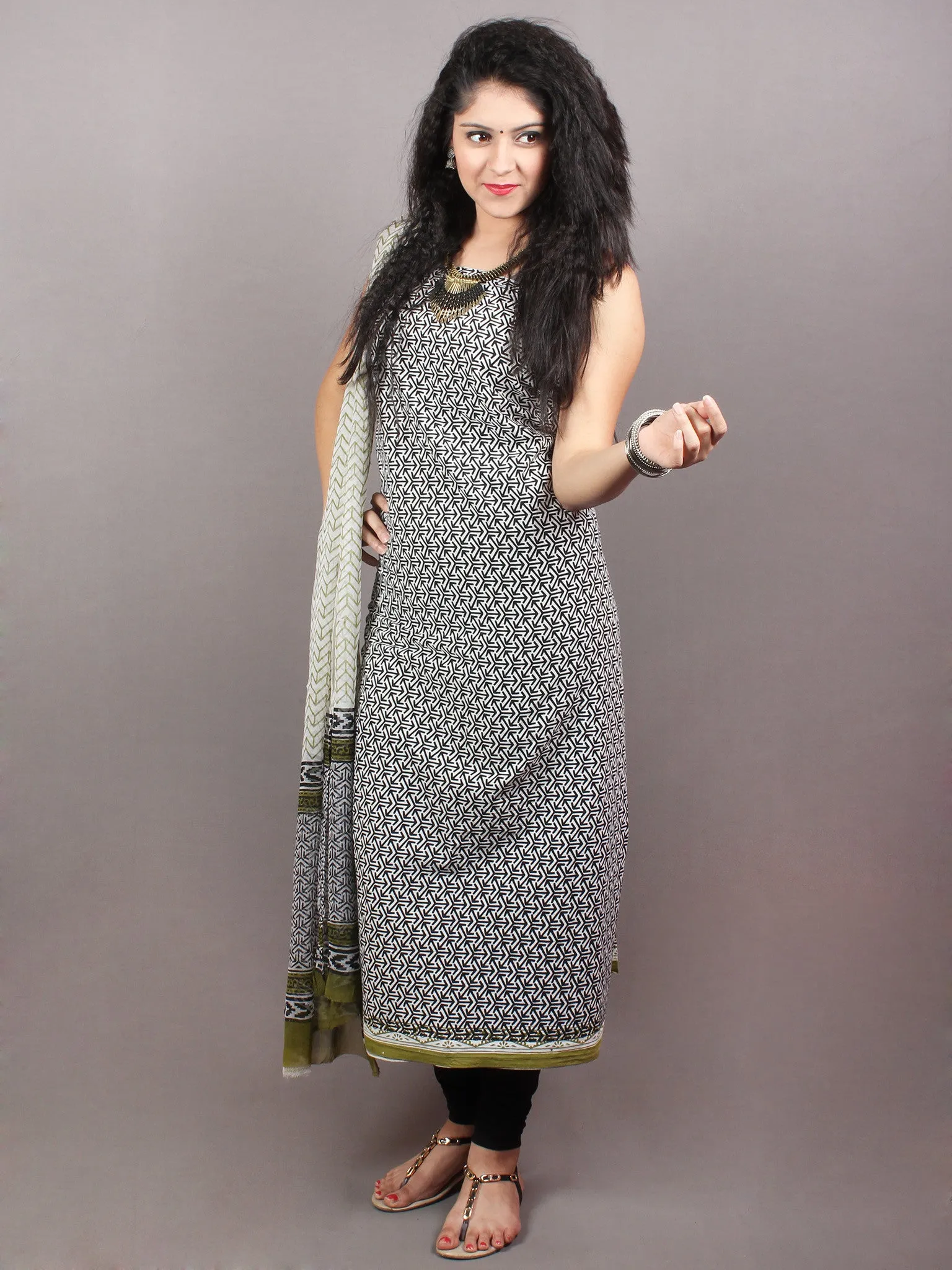 Black White Olive Green Hand Block Printed Cotton Suit-Salwar Fabric With Chiffon Dupatta - S1628105