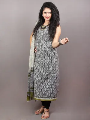 Black White Olive Green Hand Block Printed Cotton Suit-Salwar Fabric With Chiffon Dupatta - S1628105