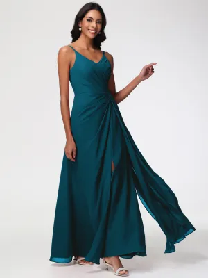Bridesmaid Dresses Ink Blue A-Line V-Neck Spaghetti Straps Ruched Chiffon Bridesmaid Dresses With Slit