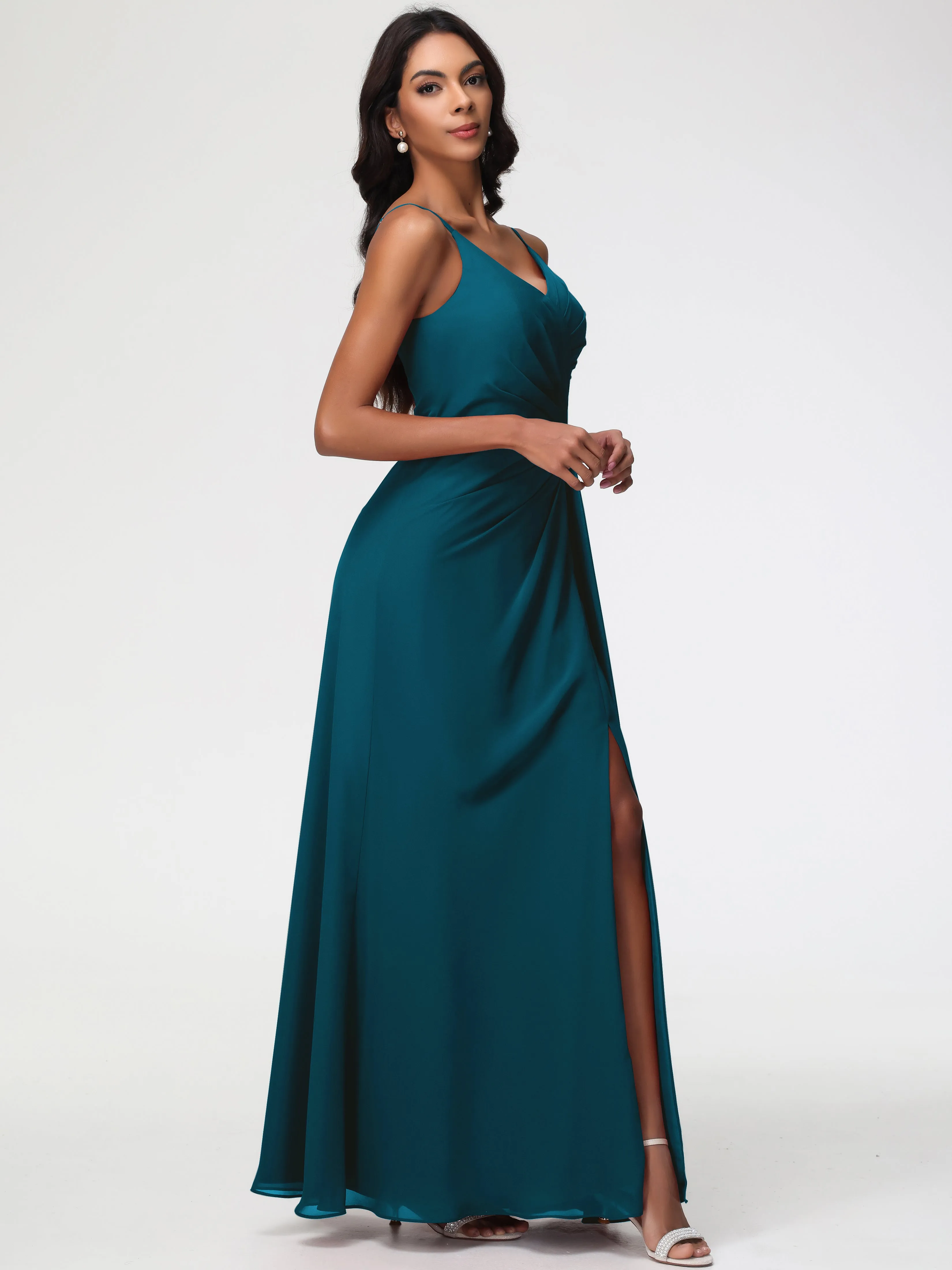 Bridesmaid Dresses Ink Blue A-Line V-Neck Spaghetti Straps Ruched Chiffon Bridesmaid Dresses With Slit