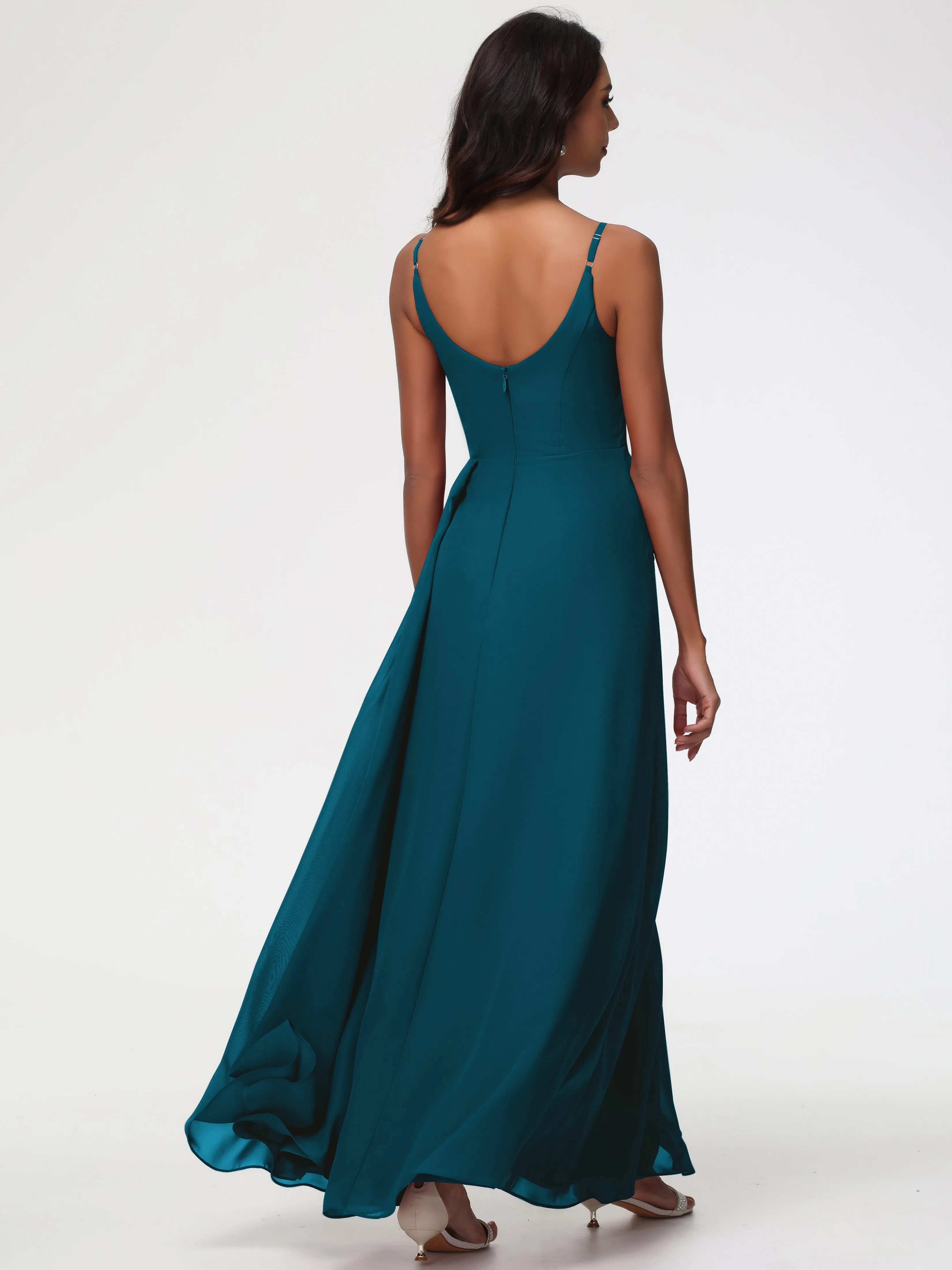 Bridesmaid Dresses Ink Blue A-Line V-Neck Spaghetti Straps Ruched Chiffon Bridesmaid Dresses With Slit