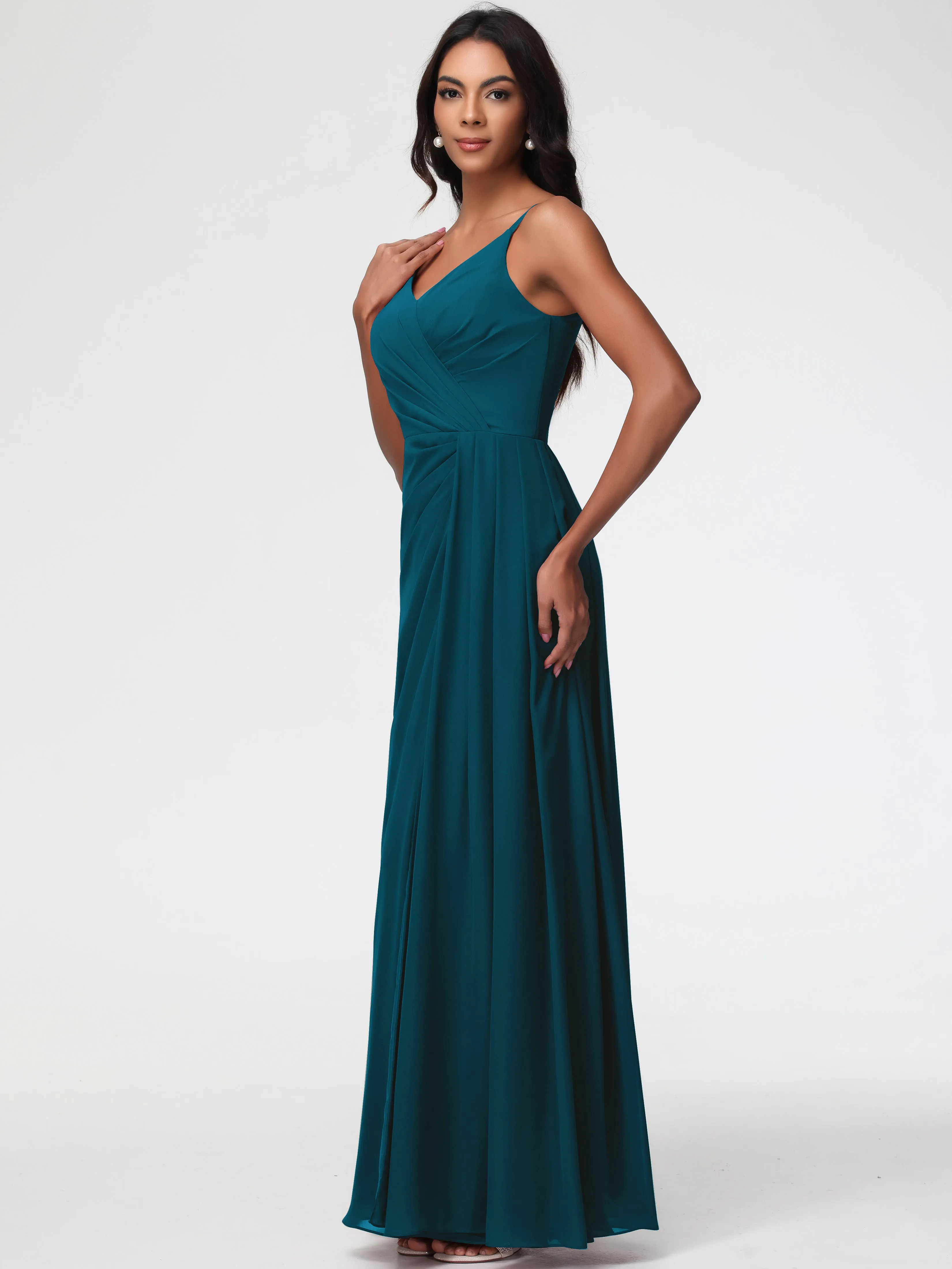 Bridesmaid Dresses Ink Blue A-Line V-Neck Spaghetti Straps Ruched Chiffon Bridesmaid Dresses With Slit