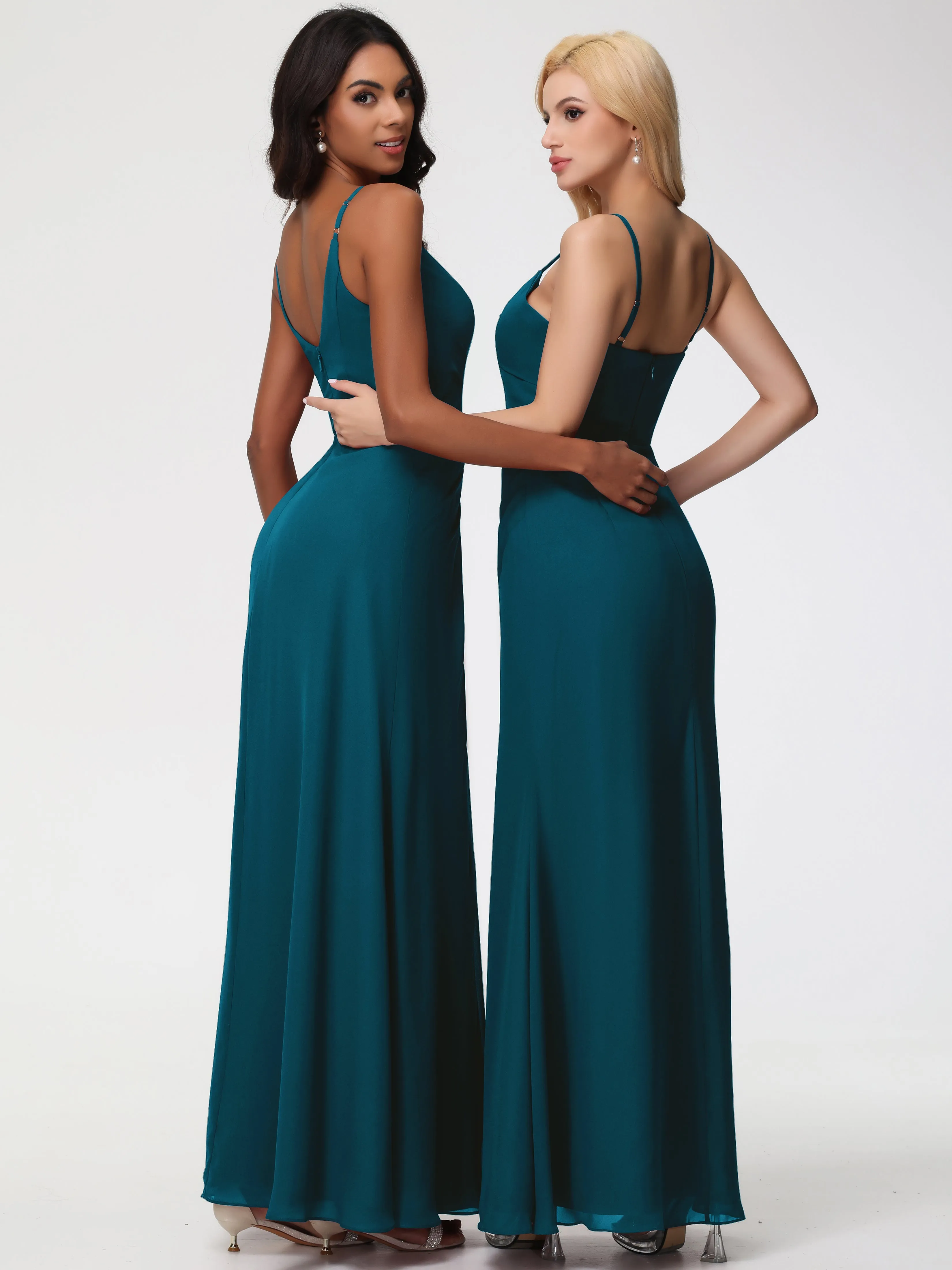 Bridesmaid Dresses Ink Blue A-Line V-Neck Spaghetti Straps Ruched Chiffon Bridesmaid Dresses With Slit