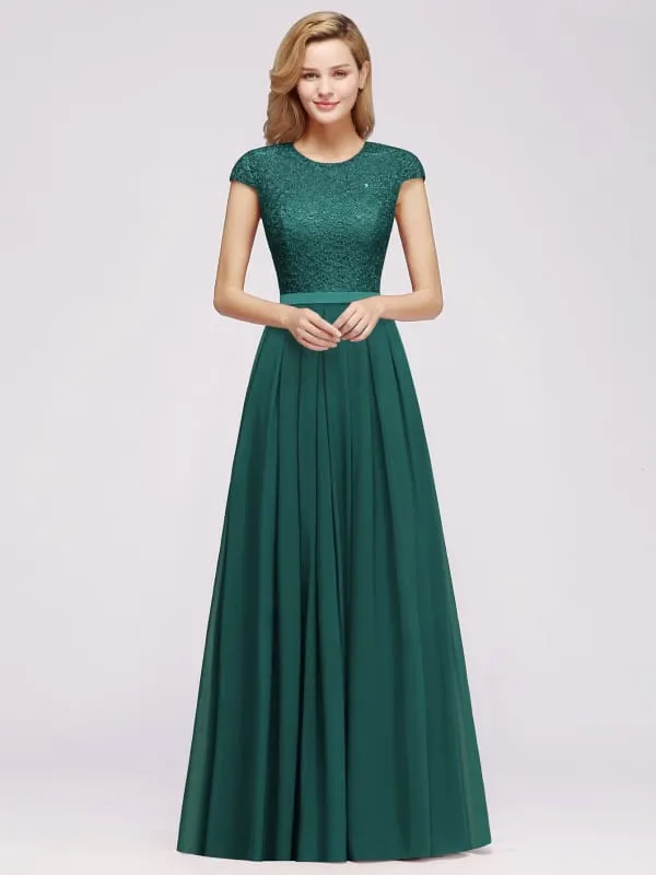 Cap Sleeves Aline Bridesmaid Dress Floral Lace Chiffon Long Wedding Guest Dress
