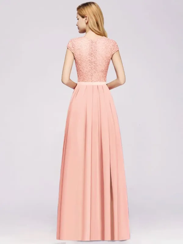 Cap Sleeves Aline Bridesmaid Dress Floral Lace Chiffon Long Wedding Guest Dress