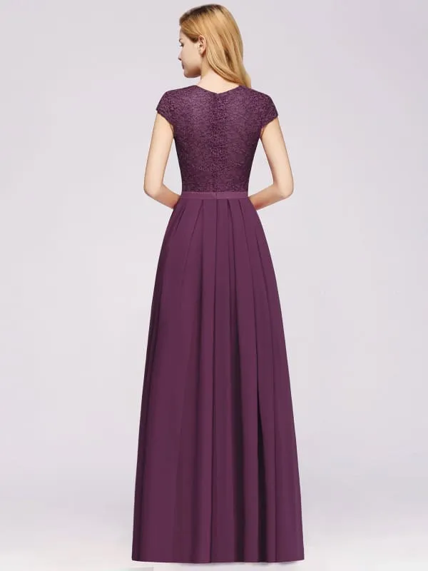 Cap Sleeves Aline Bridesmaid Dress Floral Lace Chiffon Long Wedding Guest Dress