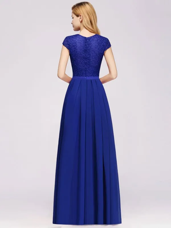 Cap Sleeves Aline Bridesmaid Dress Floral Lace Chiffon Long Wedding Guest Dress