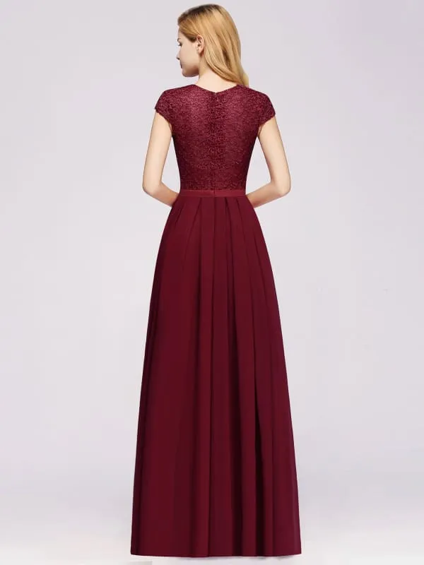 Cap Sleeves Aline Bridesmaid Dress Floral Lace Chiffon Long Wedding Guest Dress