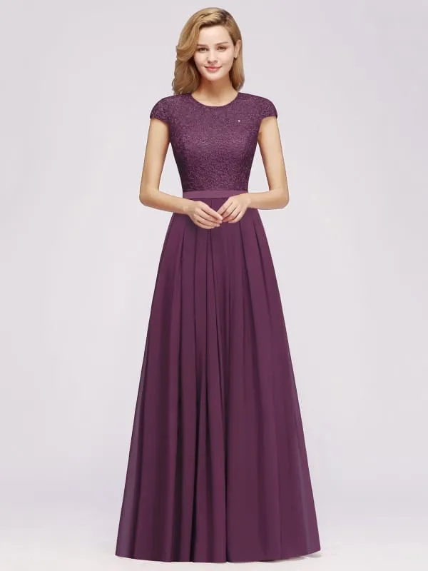 Cap Sleeves Aline Bridesmaid Dress Floral Lace Chiffon Long Wedding Guest Dress