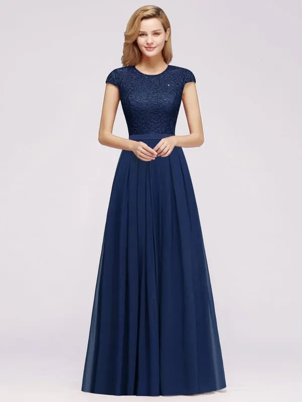 Cap Sleeves Aline Bridesmaid Dress Floral Lace Chiffon Long Wedding Guest Dress