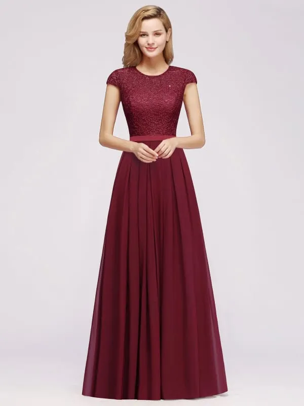 Cap Sleeves Aline Bridesmaid Dress Floral Lace Chiffon Long Wedding Guest Dress