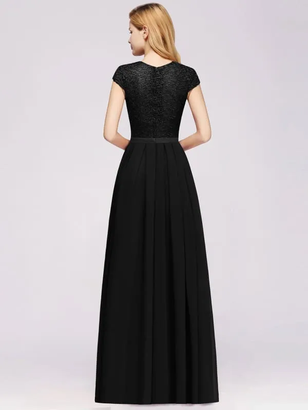 Cap Sleeves Aline Bridesmaid Dress Floral Lace Chiffon Long Wedding Guest Dress