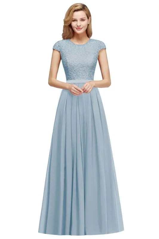 Cap Sleeves Aline Bridesmaid Dress Floral Lace Chiffon Long Wedding Guest Dress