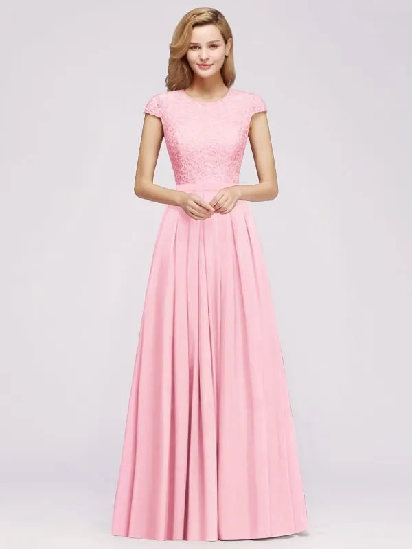 Cap Sleeves Aline Bridesmaid Dress Floral Lace Chiffon Long Wedding Guest Dress