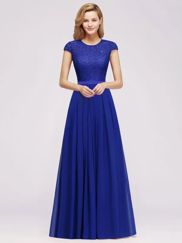 Cap Sleeves Aline Bridesmaid Dress Floral Lace Chiffon Long Wedding Guest Dress