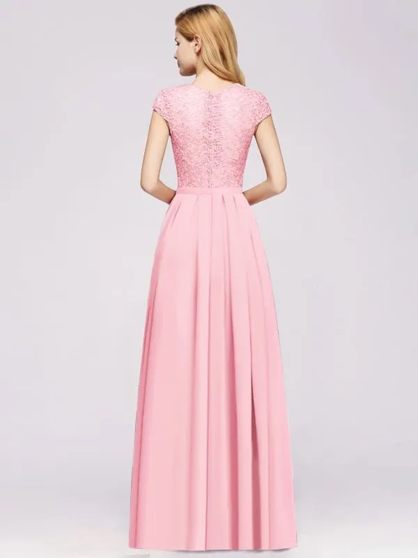 Cap Sleeves Aline Bridesmaid Dress Floral Lace Chiffon Long Wedding Guest Dress