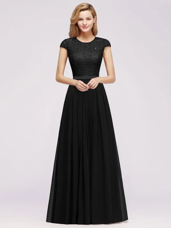 Cap Sleeves Aline Bridesmaid Dress Floral Lace Chiffon Long Wedding Guest Dress