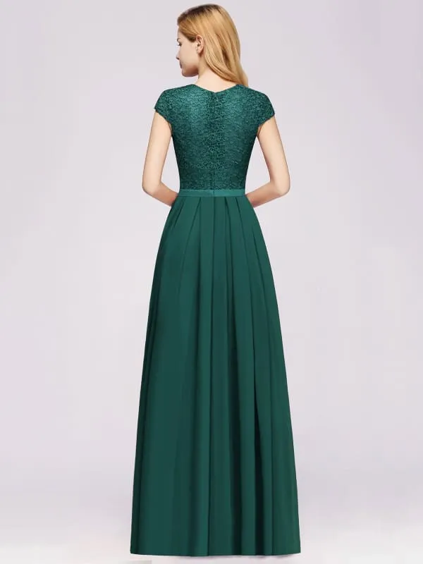 Cap Sleeves Aline Bridesmaid Dress Floral Lace Chiffon Long Wedding Guest Dress
