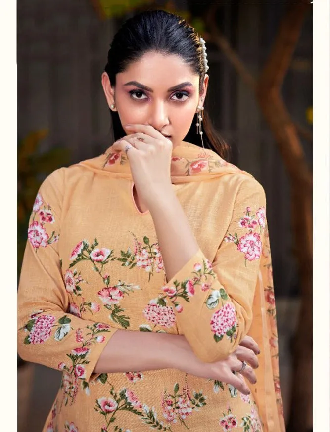Cotton Linen Printed Orange Dress Materials with Chiffon Dupatta