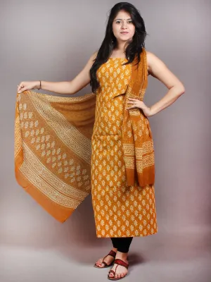 GoldenRod Yellow White Hand Block Printed Cotton Suit-Salwar Fabric With Chiffon Dupatta - S1628047