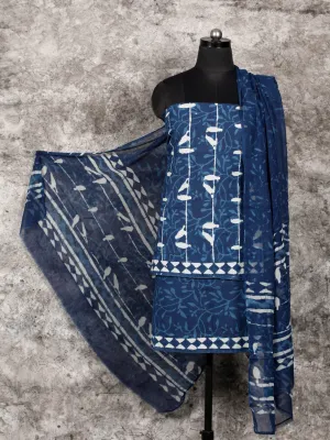 Indigo White Hand Block Printed Cotton Suit-Salwar Fabric With Chiffon Dupatta (Set of 3) - SU01HB332