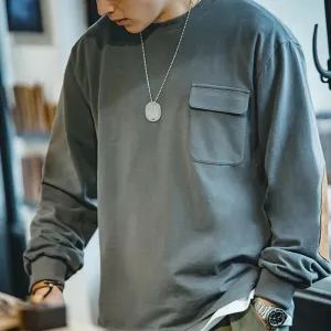 Japanese Vintage Long Sleeve T-shirt for Men with Patchwork Pocket - Solid Color