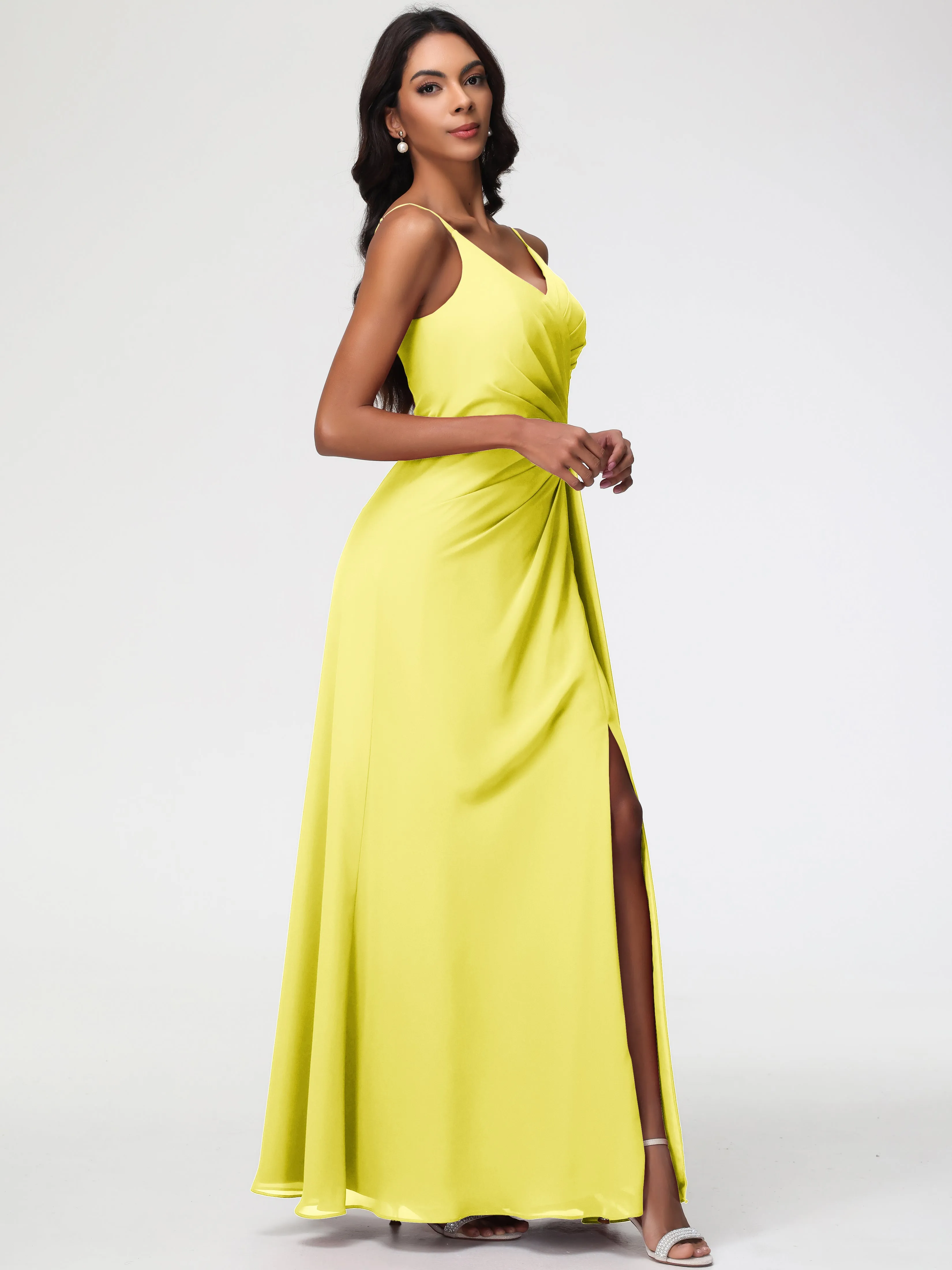 Lemon Bridesmaids A-Line V-Neck Spaghetti Straps Ruched Chiffon Bridesmaid Dresses With Slit