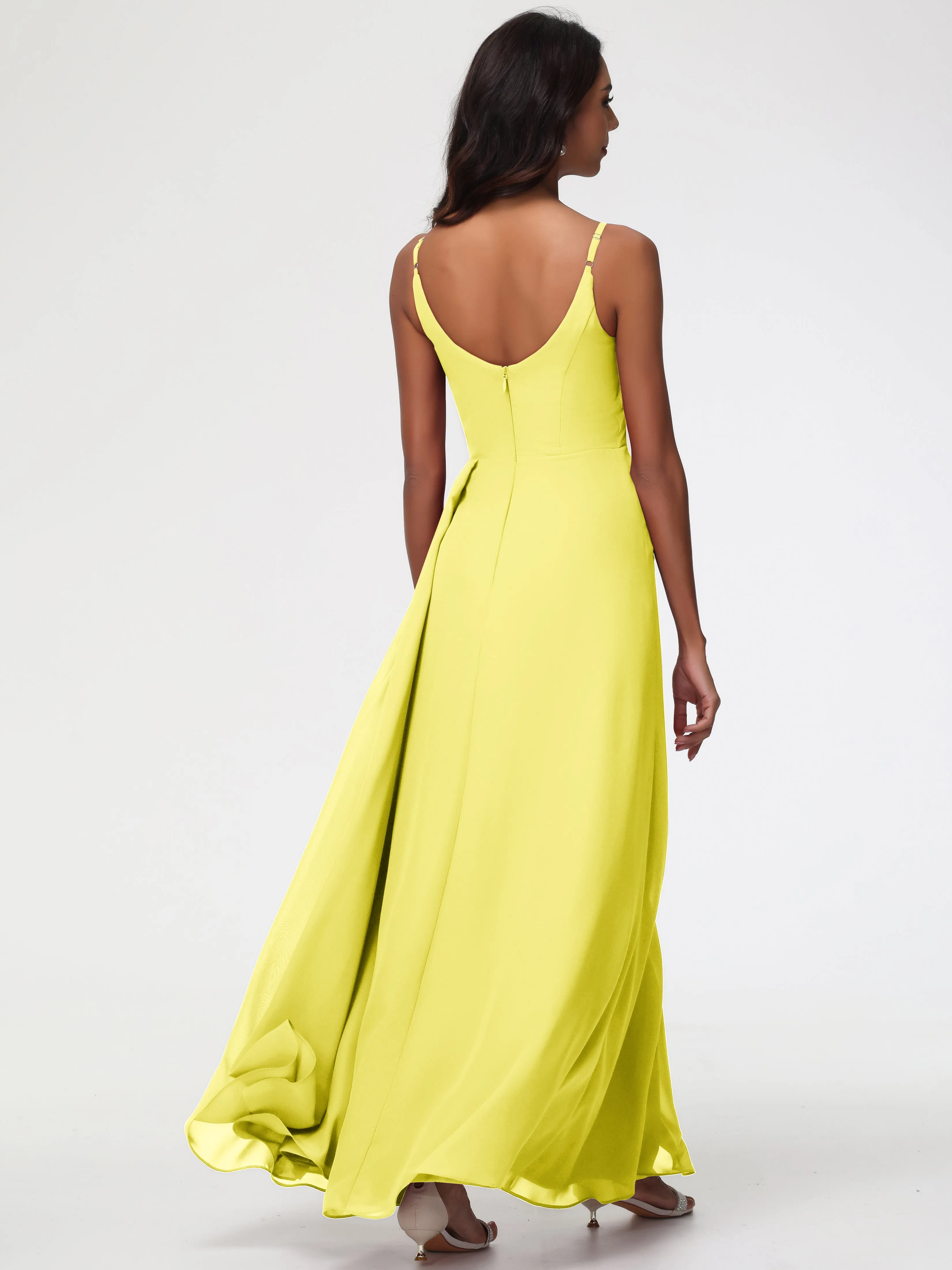 Lemon Bridesmaids A-Line V-Neck Spaghetti Straps Ruched Chiffon Bridesmaid Dresses With Slit