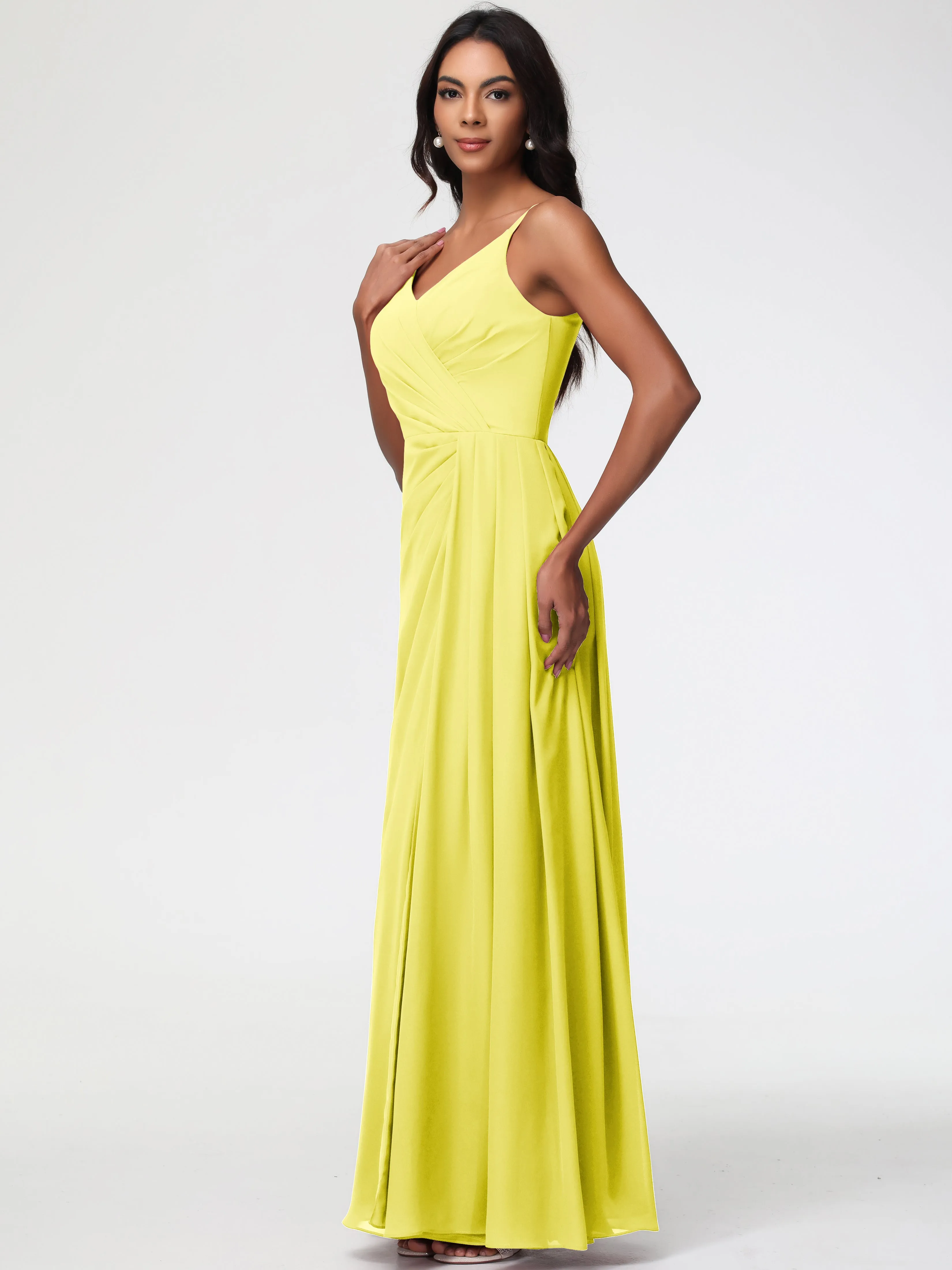 Lemon Bridesmaids A-Line V-Neck Spaghetti Straps Ruched Chiffon Bridesmaid Dresses With Slit