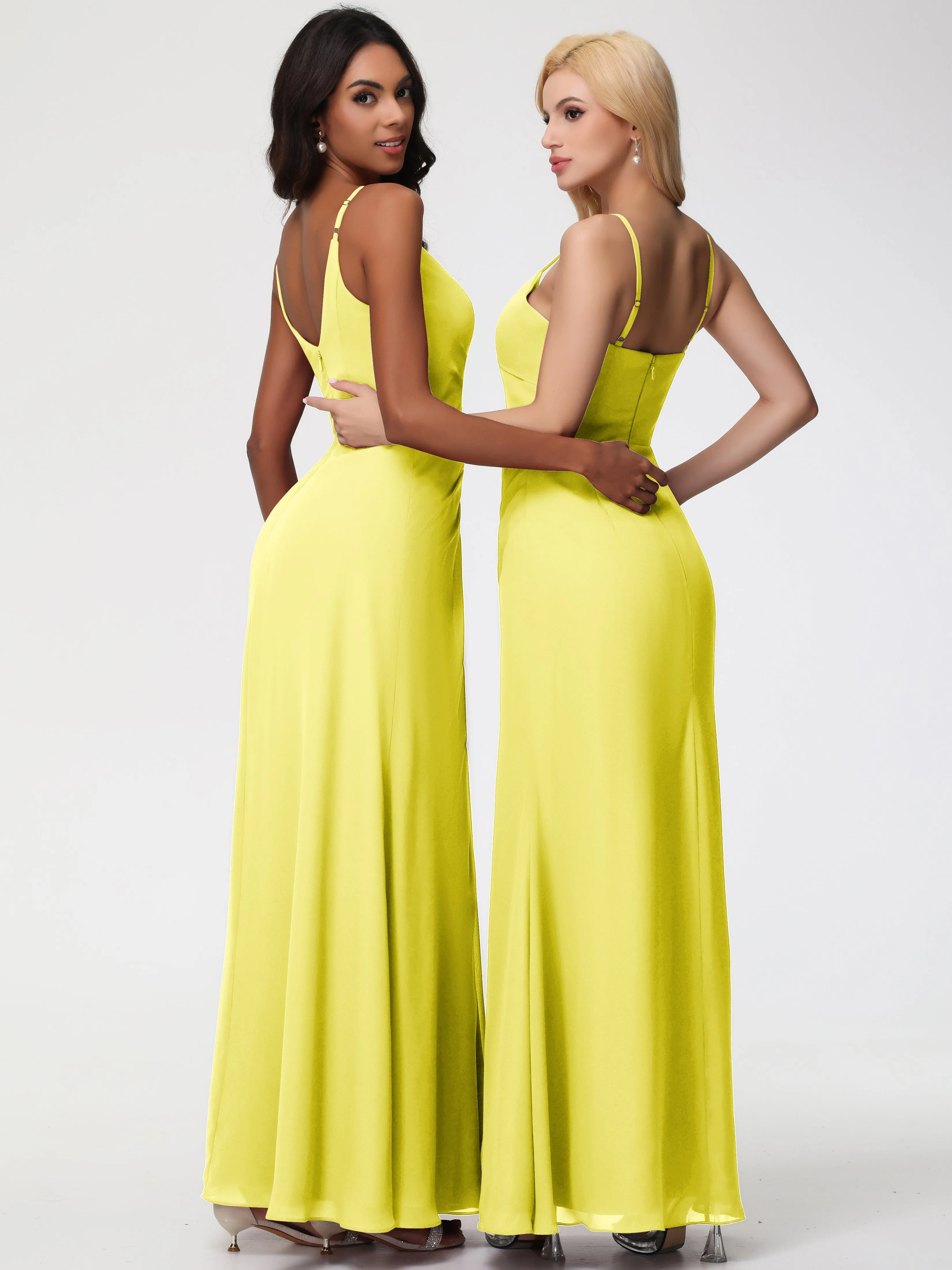 Lemon Bridesmaids A-Line V-Neck Spaghetti Straps Ruched Chiffon Bridesmaid Dresses With Slit