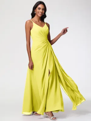 Lemon Bridesmaids A-Line V-Neck Spaghetti Straps Ruched Chiffon Bridesmaid Dresses With Slit