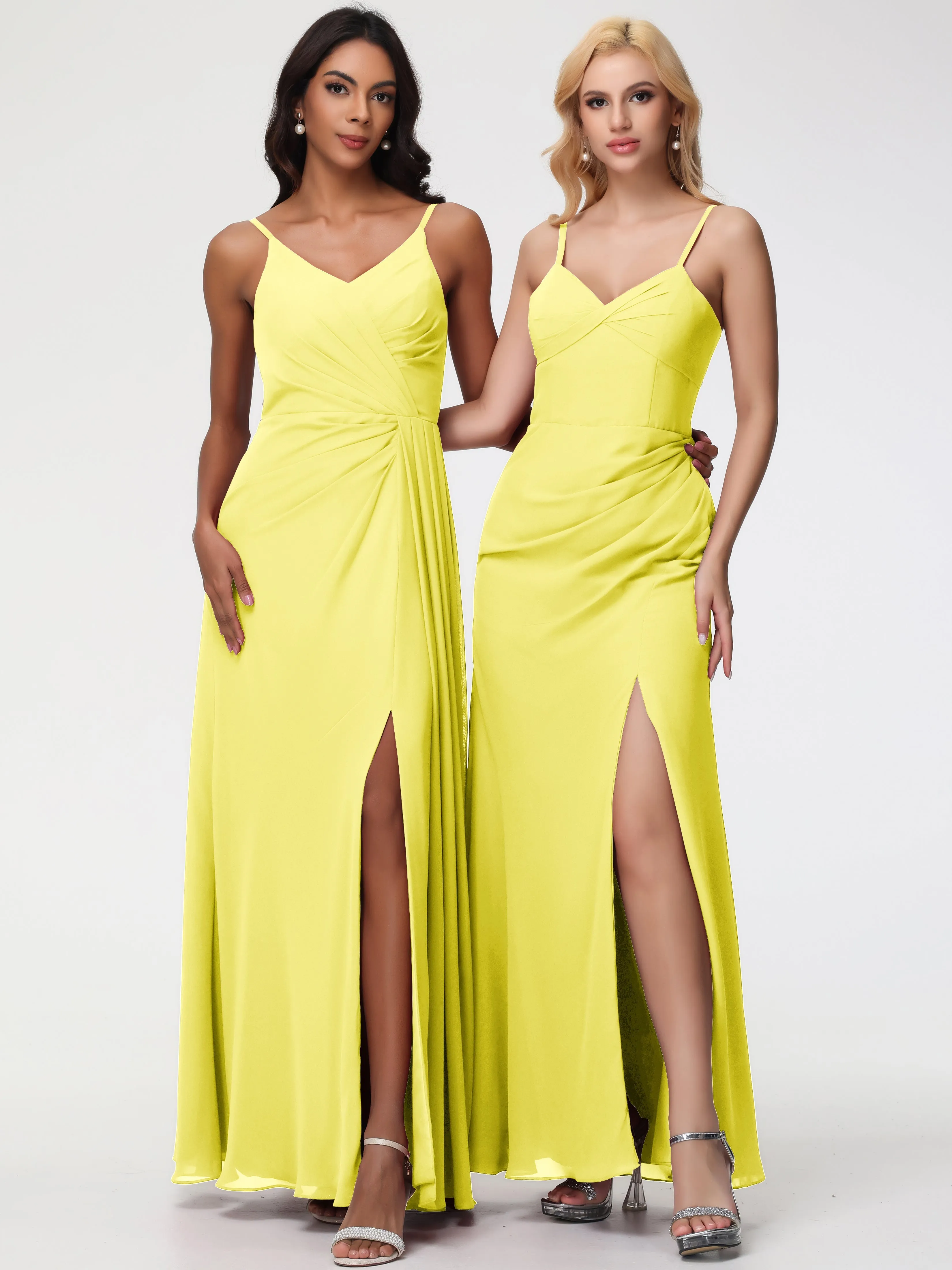 Lemon Bridesmaids A-Line V-Neck Spaghetti Straps Ruched Chiffon Bridesmaid Dresses With Slit