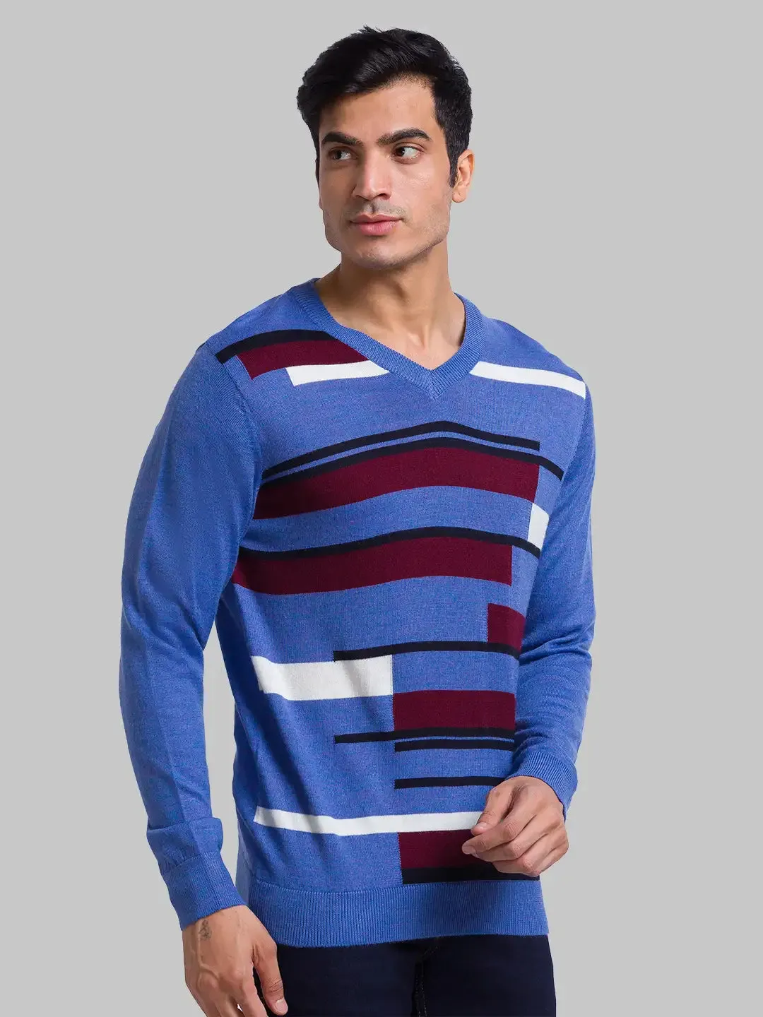 Men Blue Intarsia Acrylic Blend Full Sleeve Sweaters