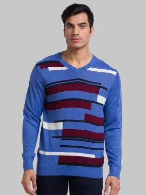 Men Blue Intarsia Acrylic Blend Full Sleeve Sweaters