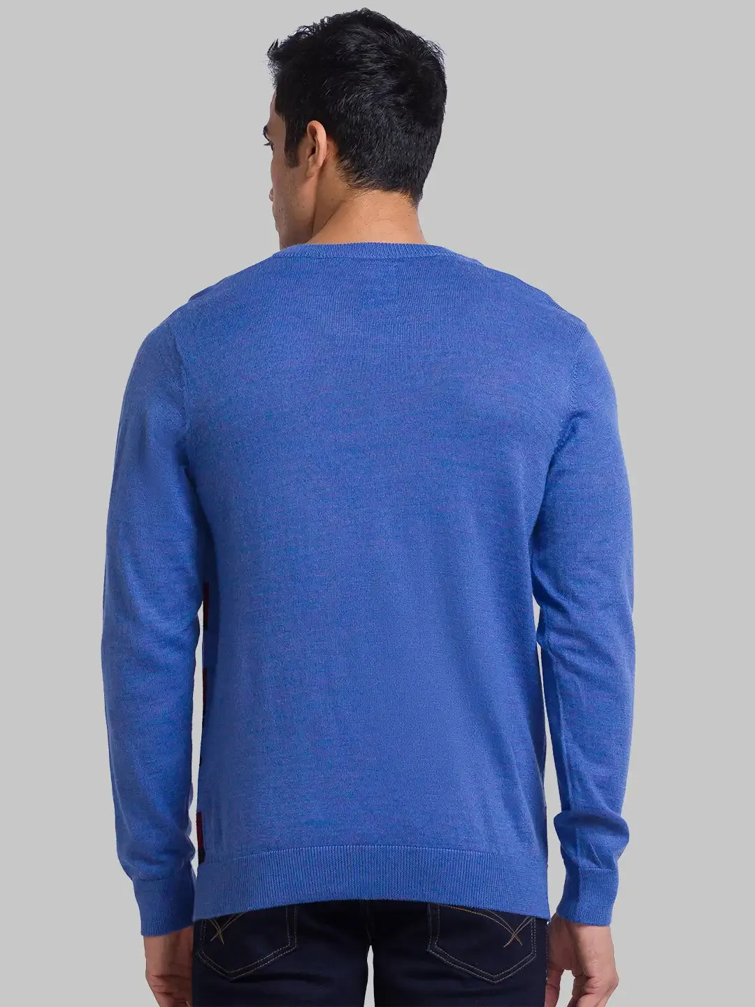Men Blue Intarsia Acrylic Blend Full Sleeve Sweaters