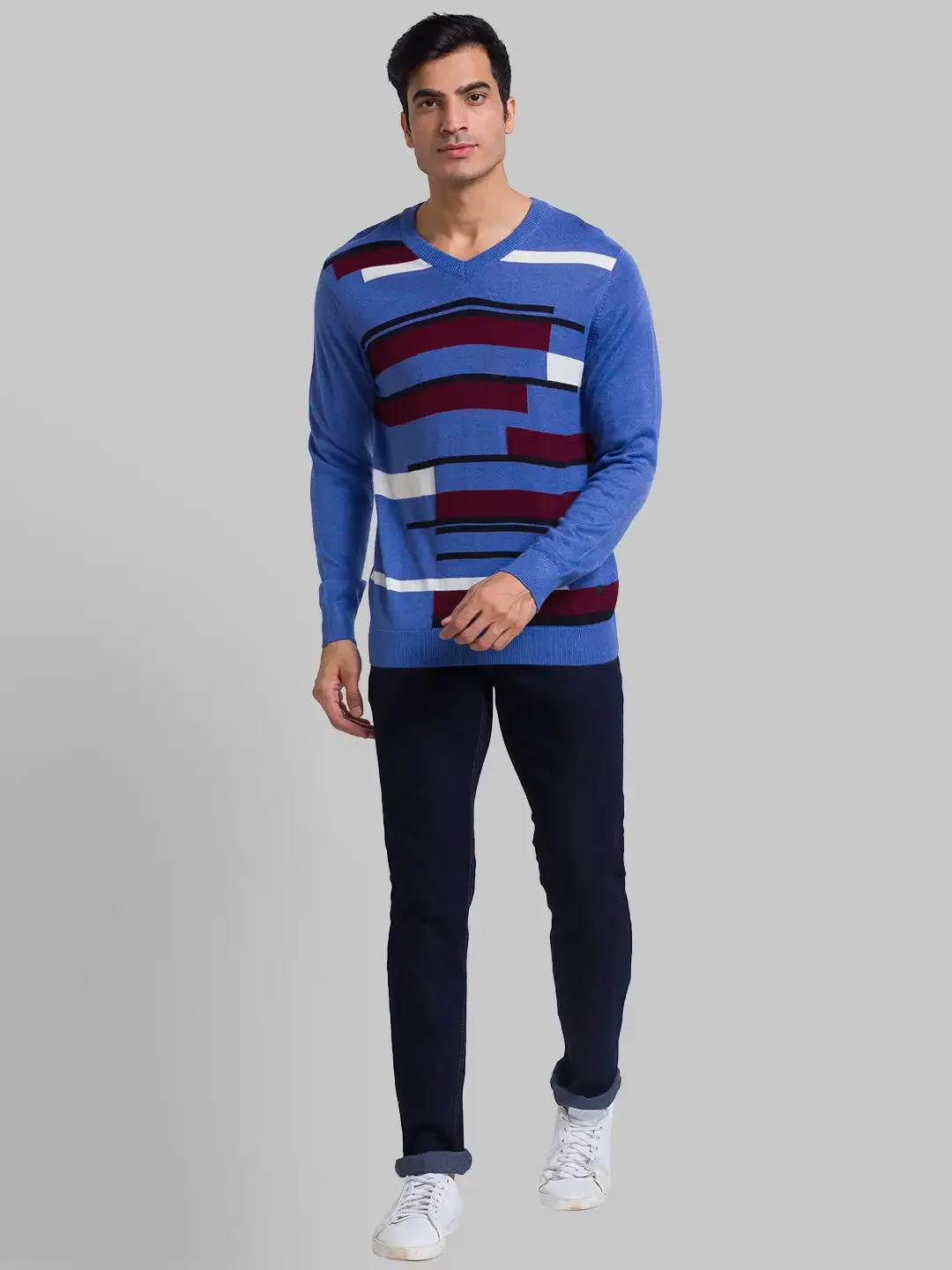 Men Blue Intarsia Acrylic Blend Full Sleeve Sweaters