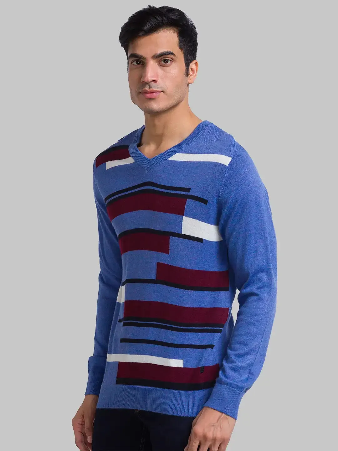 Men Blue Intarsia Acrylic Blend Full Sleeve Sweaters