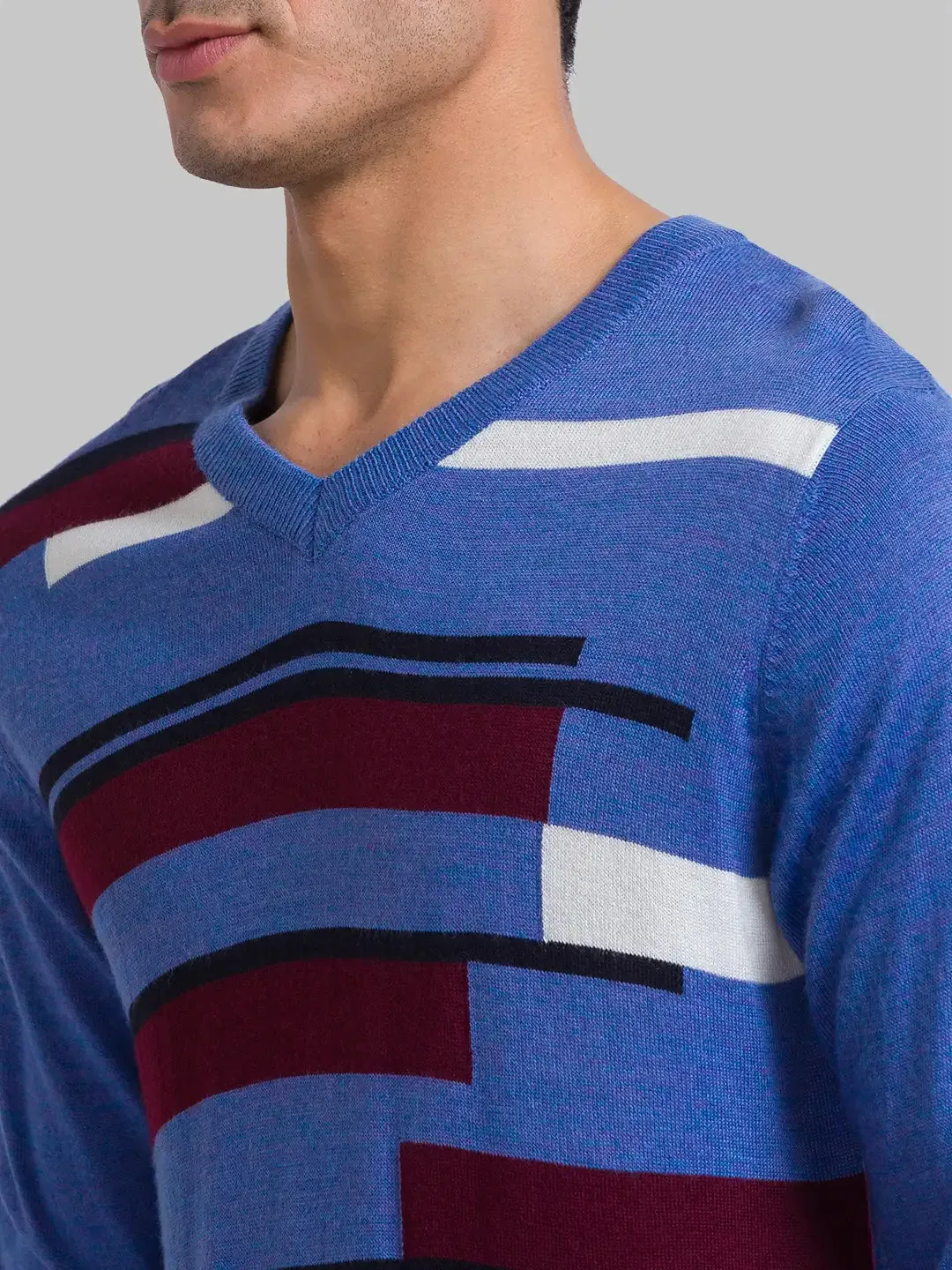 Men Blue Intarsia Acrylic Blend Full Sleeve Sweaters