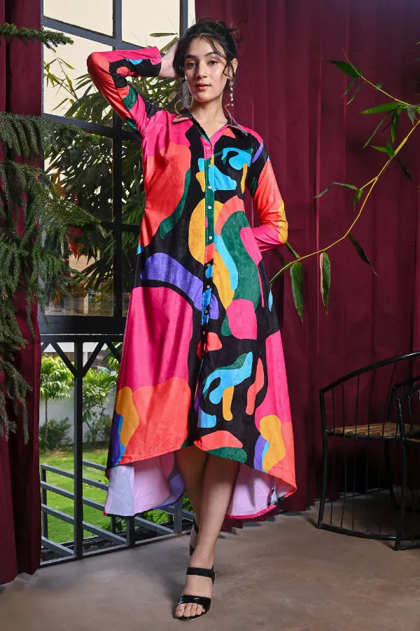 Multicoloured Abstract Print Velvet Shirt Dress