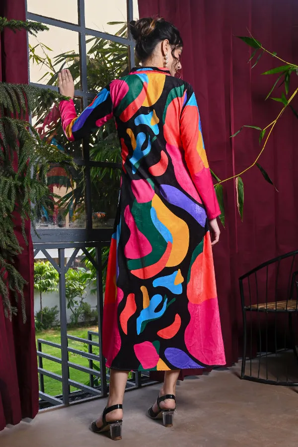 Multicoloured Abstract Print Velvet Shirt Dress