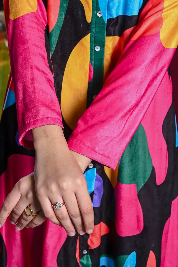 Multicoloured Abstract Print Velvet Shirt Dress