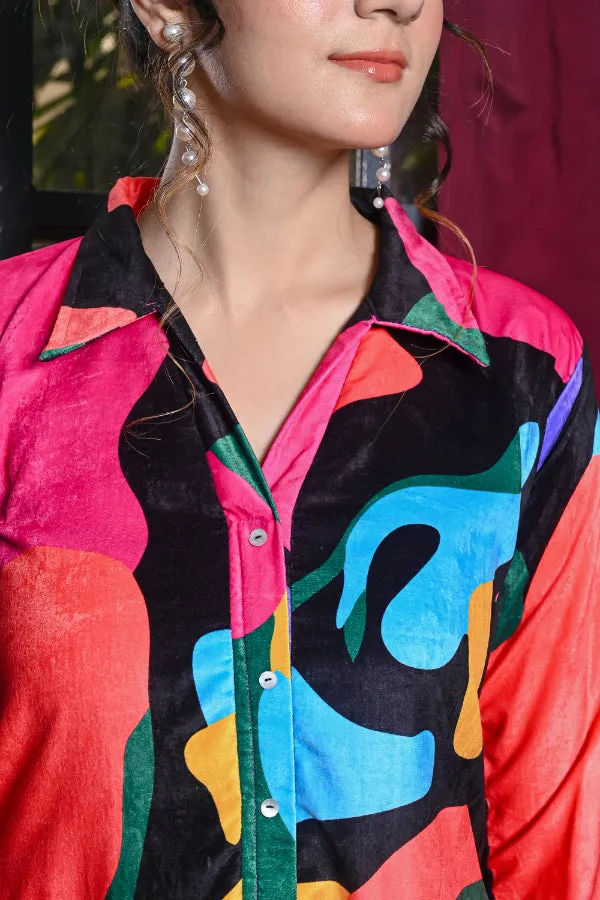 Multicoloured Abstract Print Velvet Shirt Dress